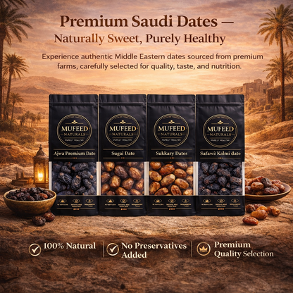 Premium Dates Combo Pack (1kg) – 250g Each Ajwa Jumbo, Sugai, Sukkari & Safawi/Kalmi