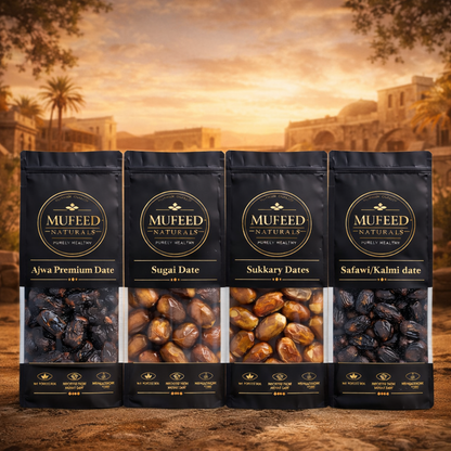 Premium Dates Combo Pack (1kg) – 250g Each Ajwa Jumbo, Sugai, Sukkari & Safawi/Kalmi