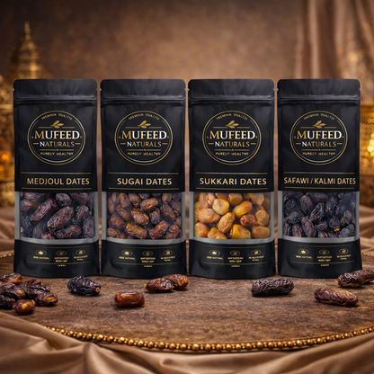 Premium Dates Combo Pack (1kg) – 250g Each Medjoul, Sugai, Sukkari & Safawi/Kalmi