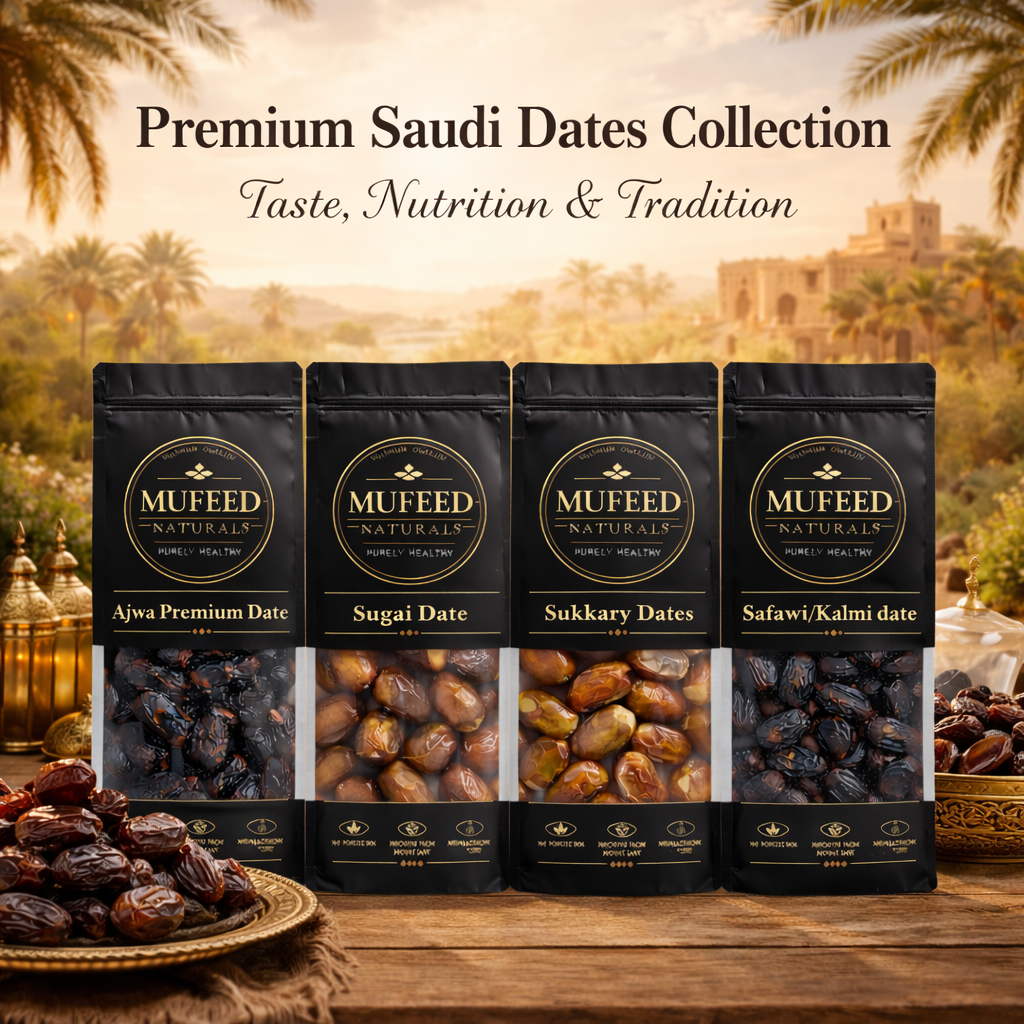 Premium Dates Combo Pack (1kg) – 250g Each Ajwa Jumbo, Sugai, Sukkari & Safawi/Kalmi