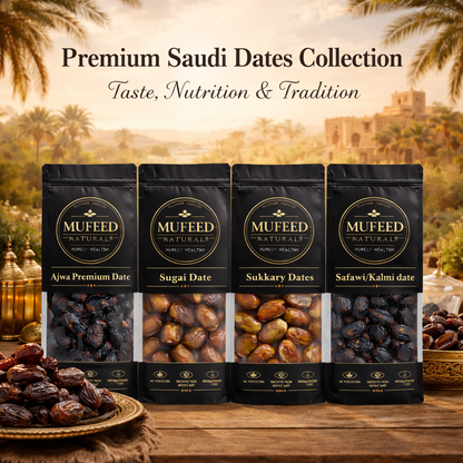 Premium Dates Combo Pack (1kg) – 250g Each Ajwa Jumbo, Sugai, Sukkari & Safawi/Kalmi